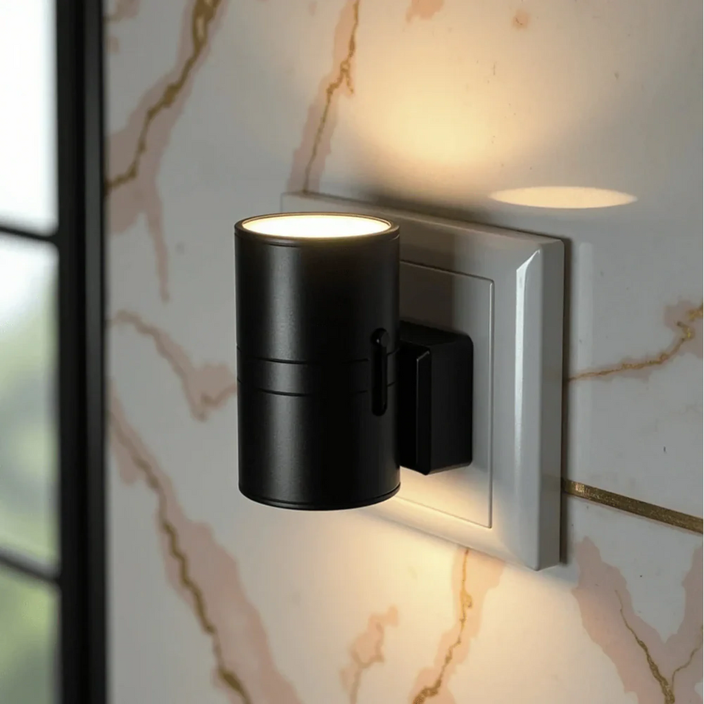 Luminária CalmLight preta instalada na tomada com luz para cima e para baixo