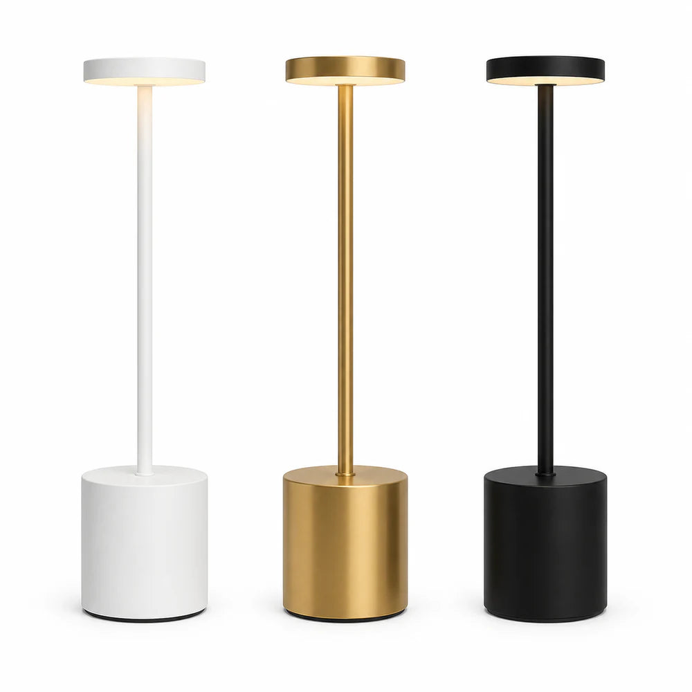 Luminária de mesa LED Alba Touch branca, dourada e preta em fundo branco
