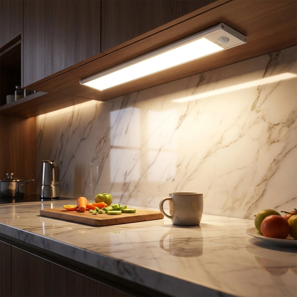 Luminária LED com sensor iluminando bancada de cozinha