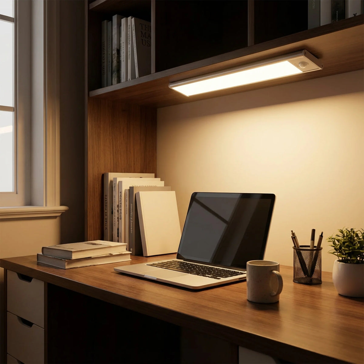 Luminária LED com sensor instalada sob armário em escritório