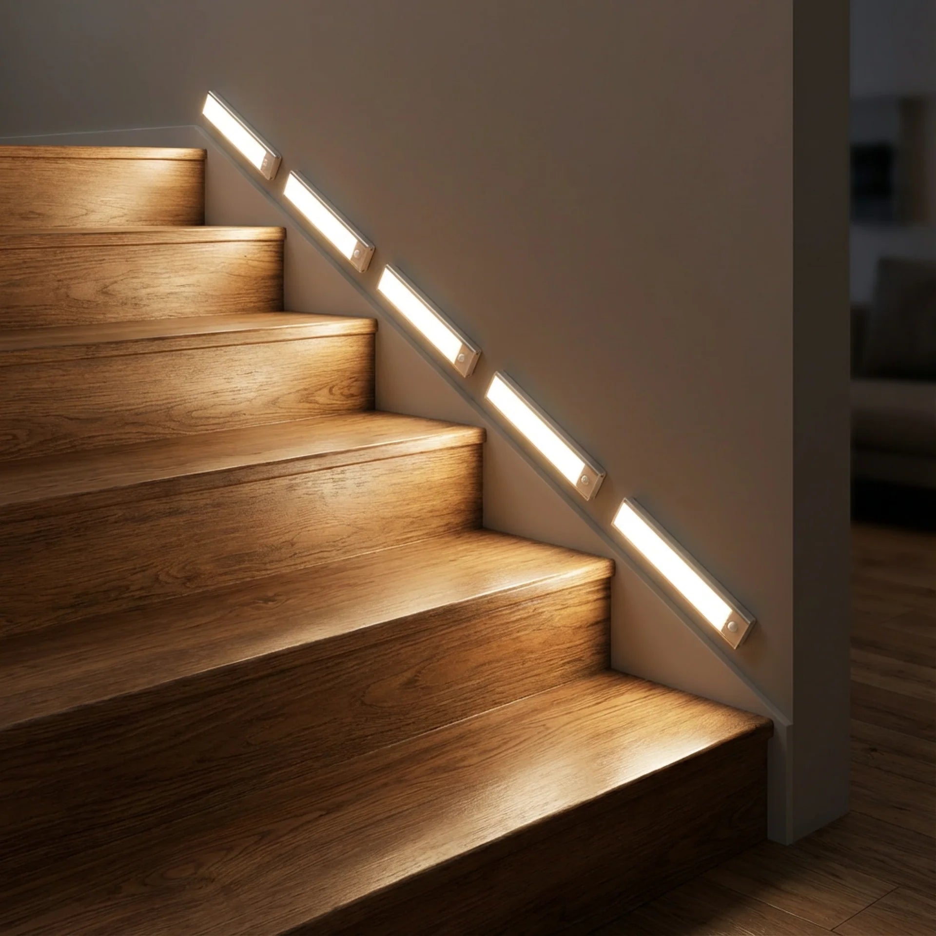 Luminárias LED com sensor iluminando degraus de escada