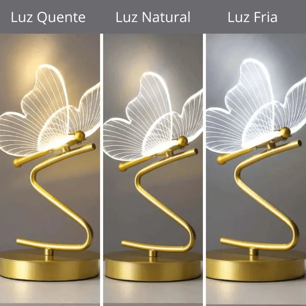 Luminária Borboleta Aura nas luzes quente, natural e fria
