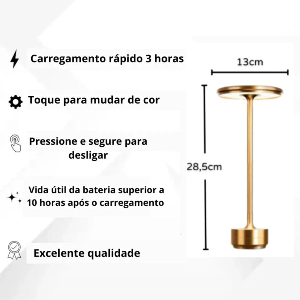 Medidas e recursos da luminária de mesa Halo Touch