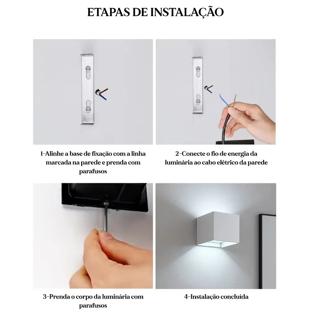 Etapas de instalação da arandela LED Cubo Alba