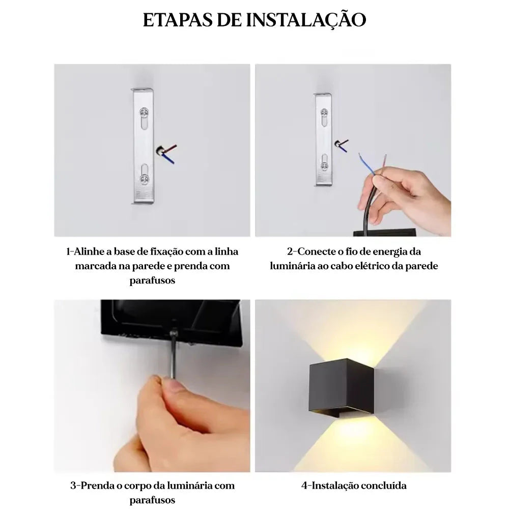 Etapas de instalação da arandela LED Cubo Nox