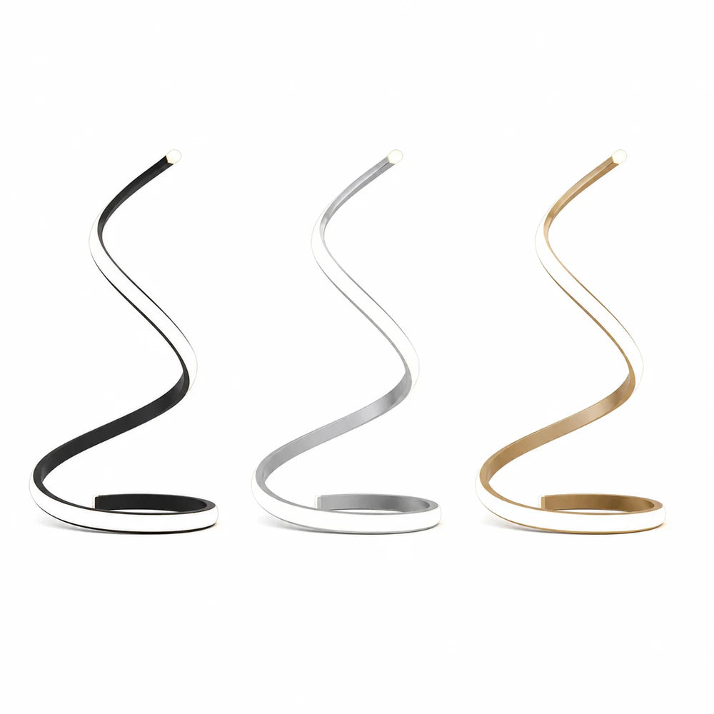 Luminária de mesa LED Onda Luminosa preta, prata e dourada em fundo branco