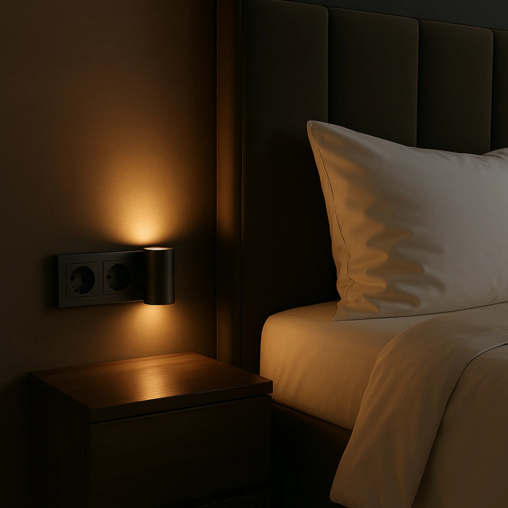 Luminária CalmLight preta como luz noturna ao lado da cama