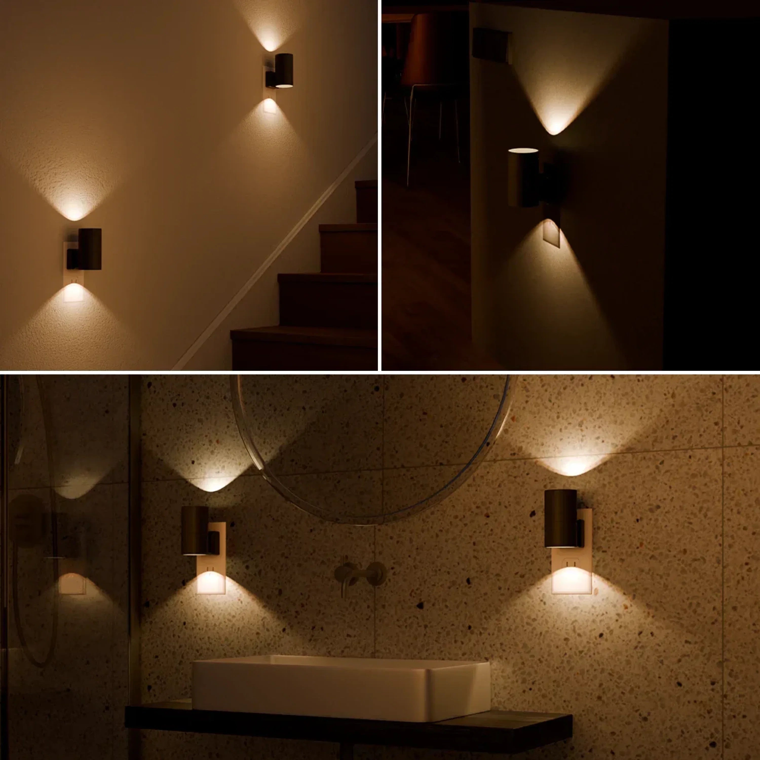 Luminárias CalmLight criando luz direcionada em escada e banheiro